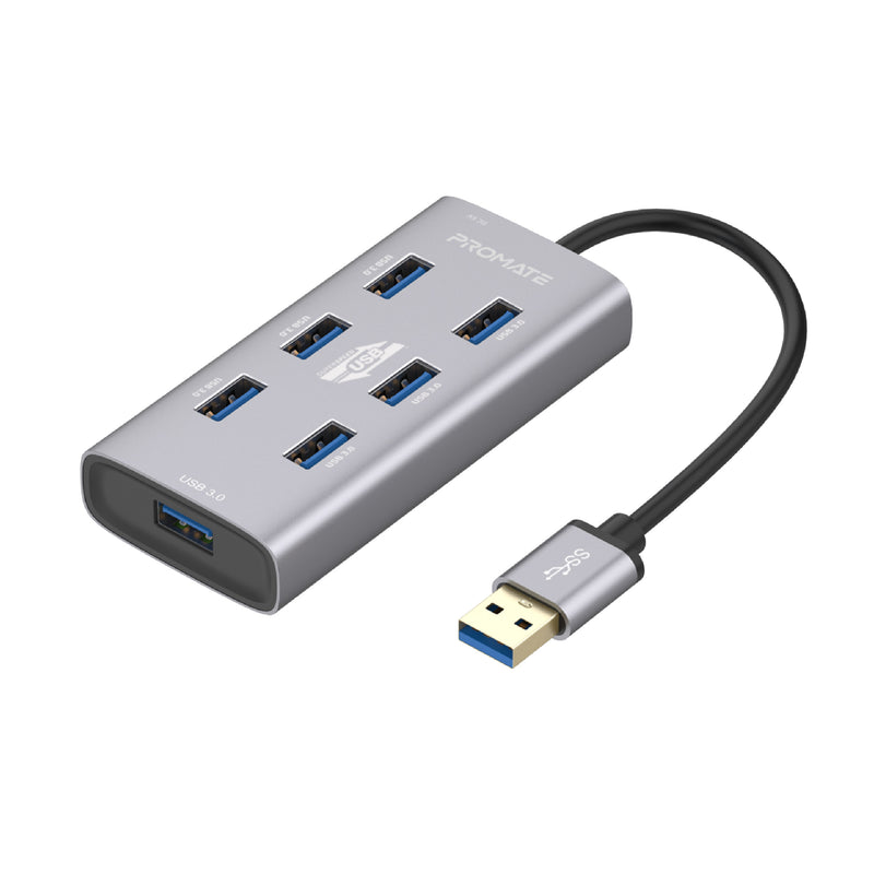 Promate Aluminium Alloy Powered USB Hub • 7 USB 3.0 Ports • USB-C Adaptor • 5Gbps Transfer Rate • Data & Charge EZHUB-7 PRO-HUB-EZHUB-7