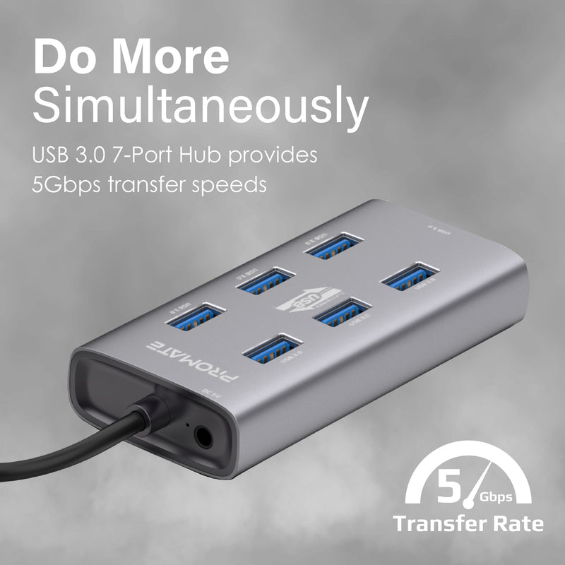 Promate Aluminium Alloy Powered USB Hub • 7 USB 3.0 Ports • USB-C Adaptor • 5Gbps Transfer Rate • Data & Charge EZHUB-7 PRO-HUB-EZHUB-7