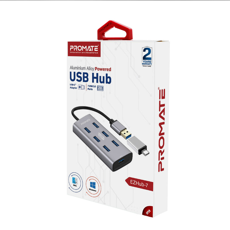 Promate Aluminium Alloy Powered USB Hub • 7 USB 3.0 Ports • USB-C Adaptor • 5Gbps Transfer Rate • Data & Charge EZHUB-7 PRO-HUB-EZHUB-7