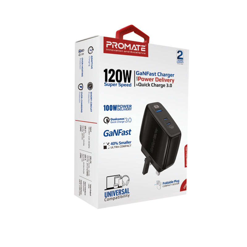 Promate 120W Super-speed GaNFast Charger with Power Delivery & Quick Charge 3.0 (POWERPORT-120.BLACK) PRO-CH-POWERPORT-120.BLACK