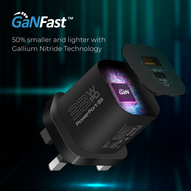 Promate 33W Power Delivery GaNFast™ Charging Adapter (PowerPort-33.UK-BK) PRO-CH-PowerPort-33.UK-BK