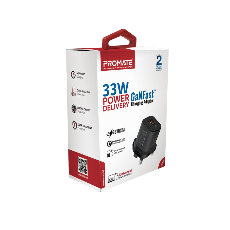 Promate 33W Power Delivery GaNFast™ Charging Adapter (PowerPort-33.UK-BK) PRO-CH-PowerPort-33.UK-BK