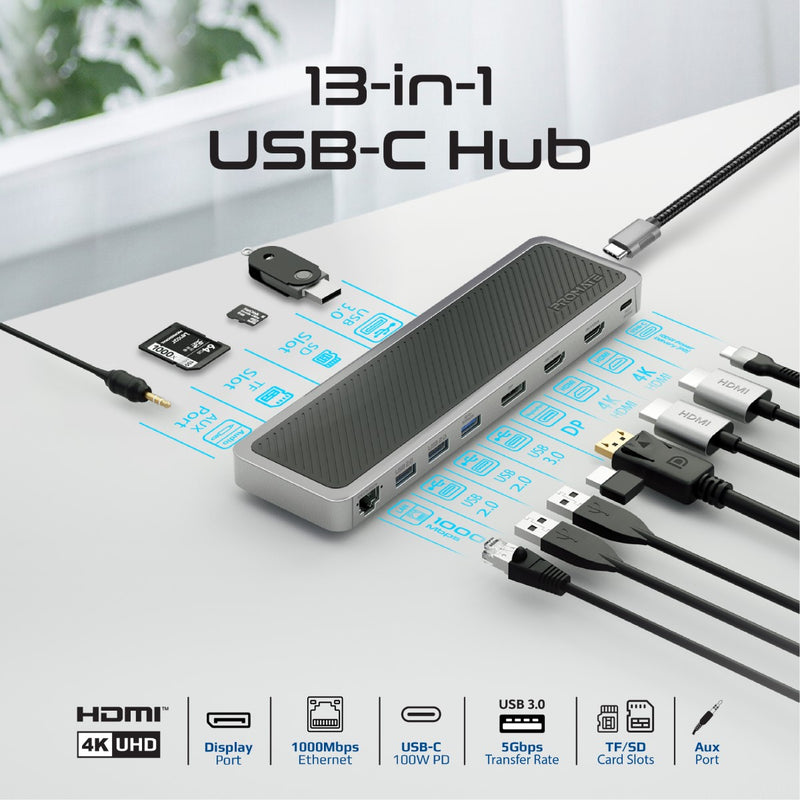 Promate ApexHub-MST 4K@60Hz Triple Display Multi-Port USB-C Docking Station PRO-CABLE-ApexHub-MST