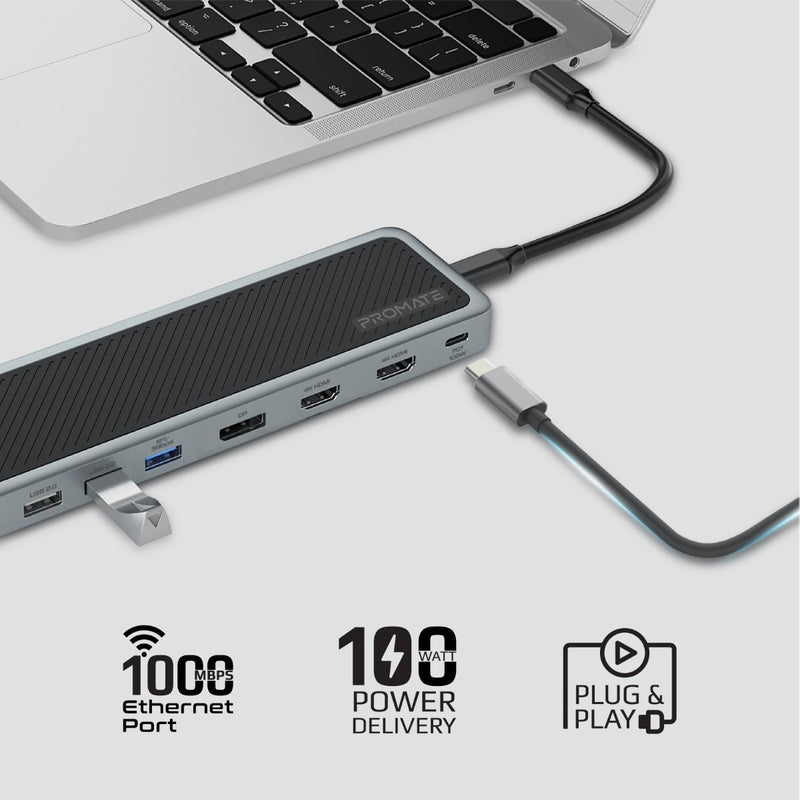 Promate ApexHub-MST 4K@60Hz Triple Display Multi-Port USB-C Docking Station PRO-CABLE-ApexHub-MST