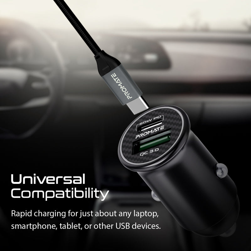 Promate RapidCharge™ Mini Car Charger with 60W Power Delivery & Quick Charge 3.0 (Bullet-PD60) PRO-CARCHARGER-BULLET-PD60