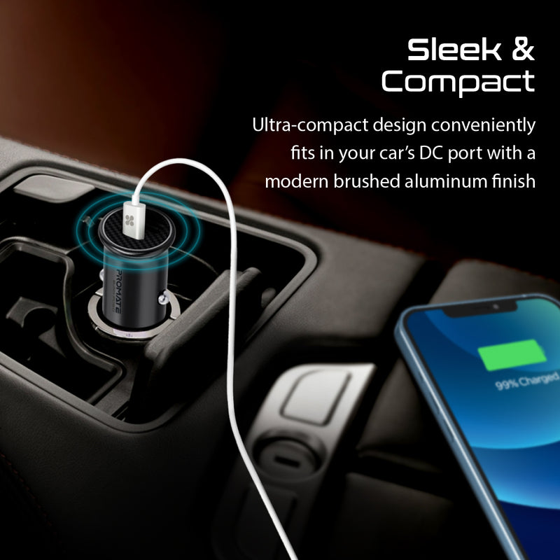 Promate RapidCharge™ Mini Car Charger with 60W Power Delivery & Quick Charge 3.0 (Bullet-PD60) PRO-CARCHARGER-BULLET-PD60