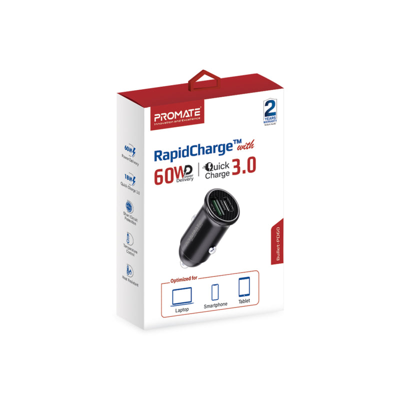 Promate RapidCharge™ Mini Car Charger with 60W Power Delivery & Quick Charge 3.0 (Bullet-PD60) PRO-CARCHARGER-BULLET-PD60