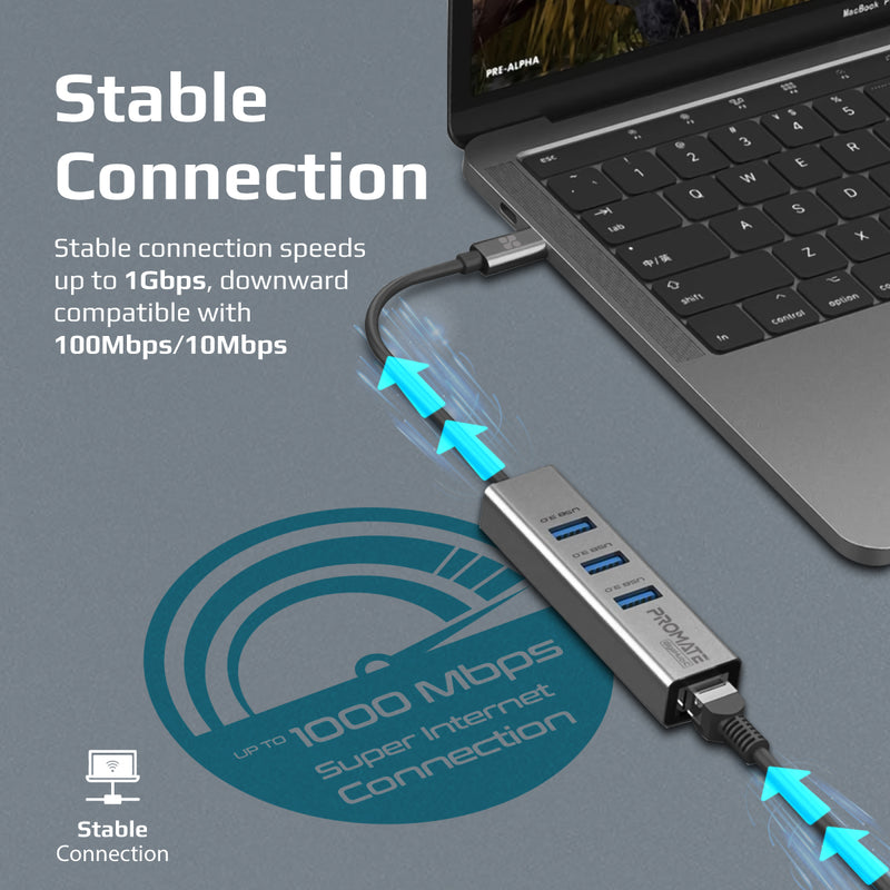 Promate Multi-Port USB-C Hub with Ethernet Adapter (USB 3.0 Ports, 5Gbps Sync, 1000Mbps Ethernet as icons) GIGAHUB-C PRO-HUB-GIGAHUB-C