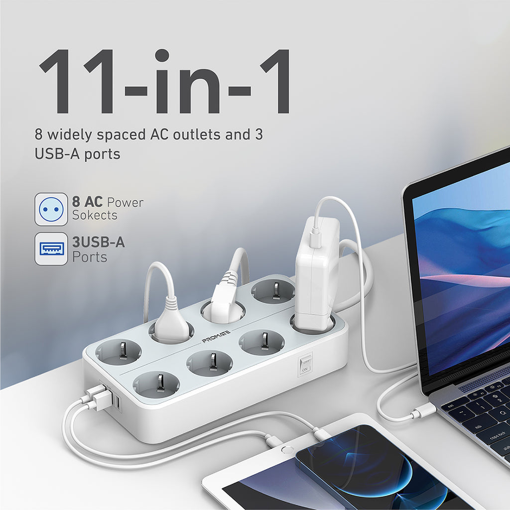 Promate Charger & Power 4 meters POWERCORD8EU-4M.WHITE(AC Socket, USB Ports) PRO-CH-POWERCORD8EU-4M.WHITE
