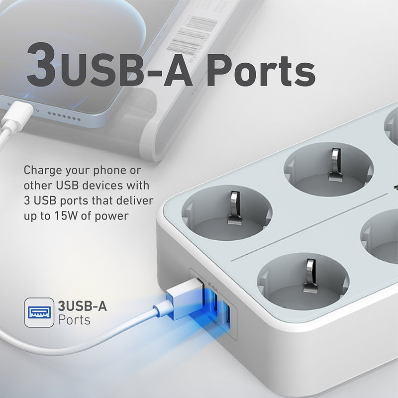 Promate Charger & Power 4 meters POWERCORD8EU-4M.WHITE(AC Socket, USB Ports) PRO-CH-POWERCORD8EU-4M.WHITE
