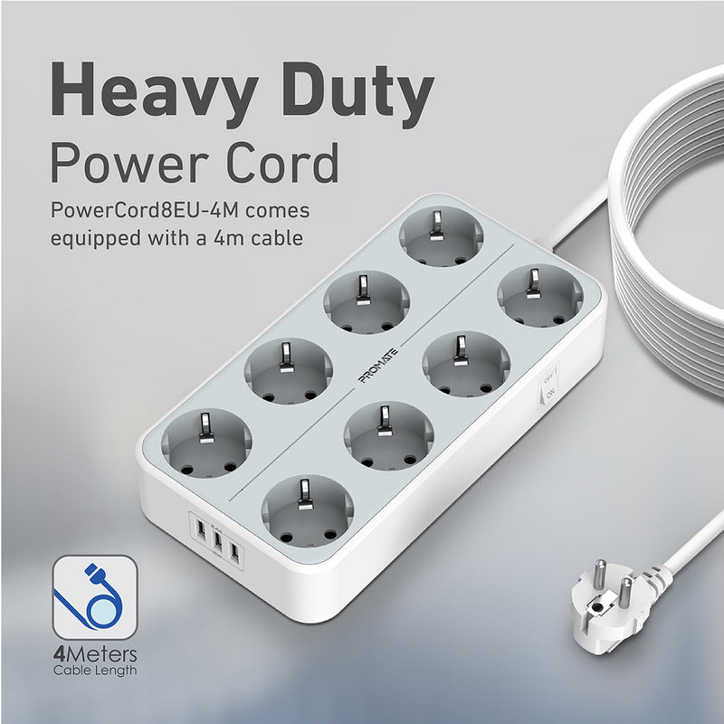 Promate Charger & Power 4 meters POWERCORD8EU-4M.WHITE(AC Socket, USB Ports) PRO-CH-POWERCORD8EU-4M.WHITE