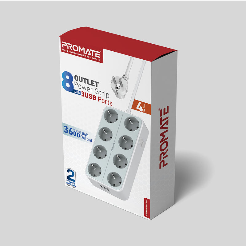 Promate Charger & Power 4 meters POWERCORD8EU-4M.WHITE(AC Socket, USB Ports) PRO-CH-POWERCORD8EU-4M.WHITE
