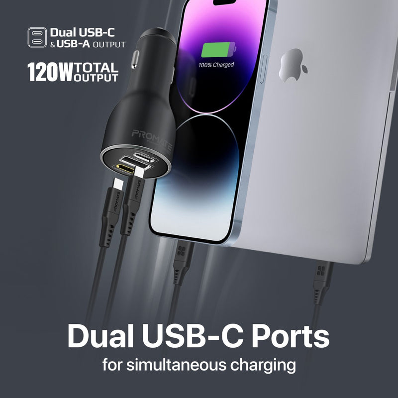 Promate 120W RapidCharge Car Charger with Dual Power Delivery and Quick Charge Ports POWERDRIVE-120 PRO-CC-POWERDRIVE-120