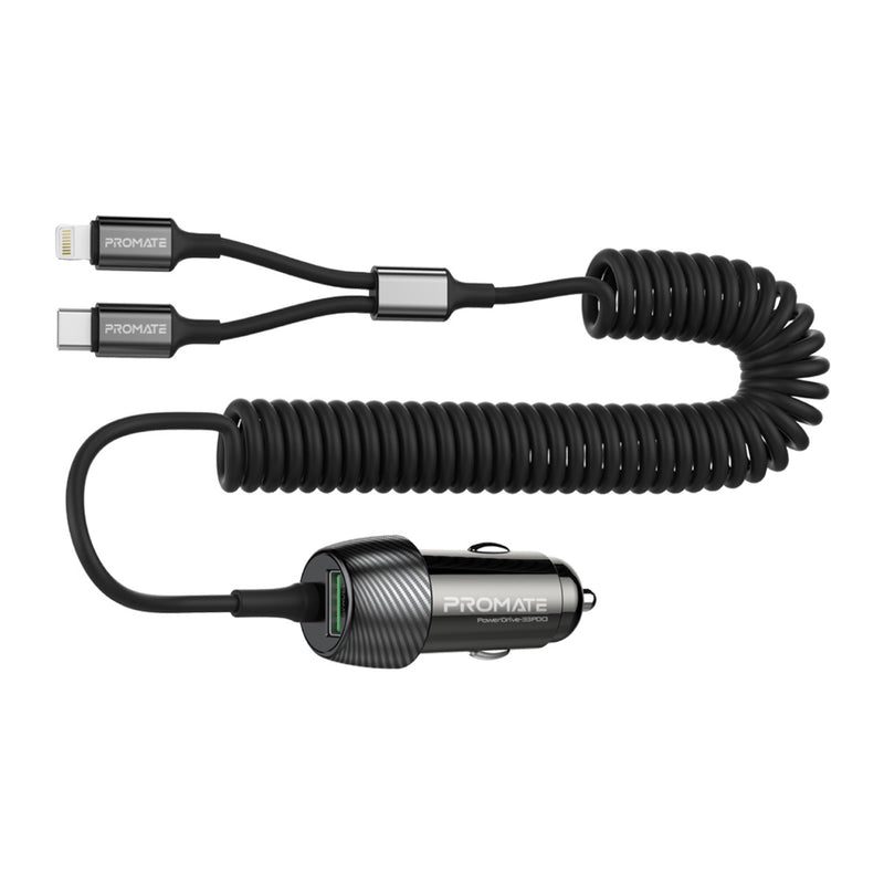 Promate 33W Car Charger with Lightning Connector & USB-C Cable (PowerDrive-33PDCI) PRO-CC-PowerDrive-33PDCI