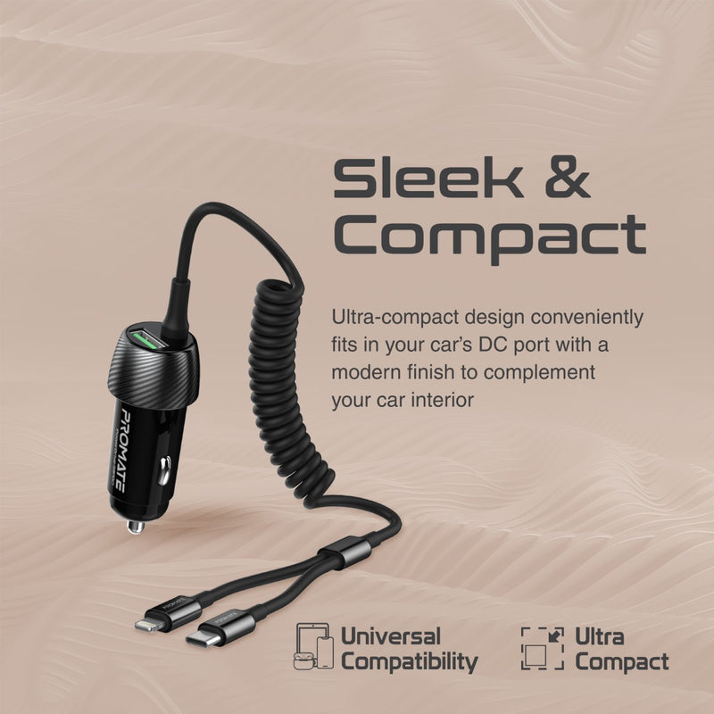 Promate 33W Car Charger with Lightning Connector & USB-C Cable (PowerDrive-33PDCI) PRO-CC-PowerDrive-33PDCI