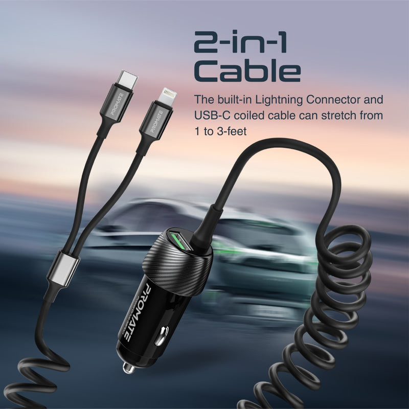 Promate 33W Car Charger with Lightning Connector & USB-C Cable (PowerDrive-33PDCI) PRO-CC-PowerDrive-33PDCI