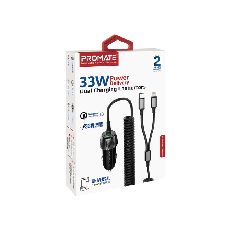 Promate 33W Car Charger with Lightning Connector & USB-C Cable (PowerDrive-33PDCI) PRO-CC-PowerDrive-33PDCI