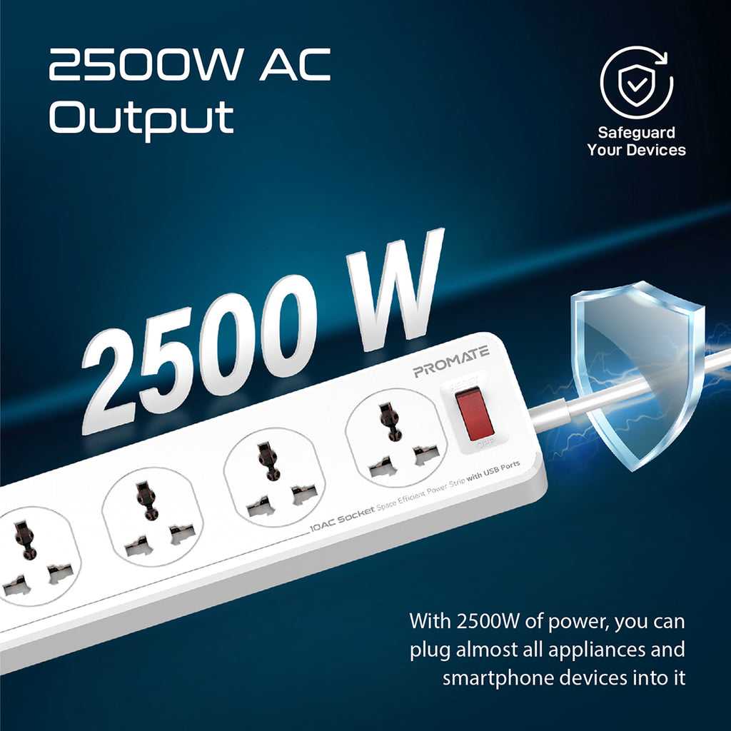 Promate 10AC Socket Space Efficient Power Strip with USB Ports POWERMATRIX-3M.UK PRO-CH-POWERMATRIX-3M.UK