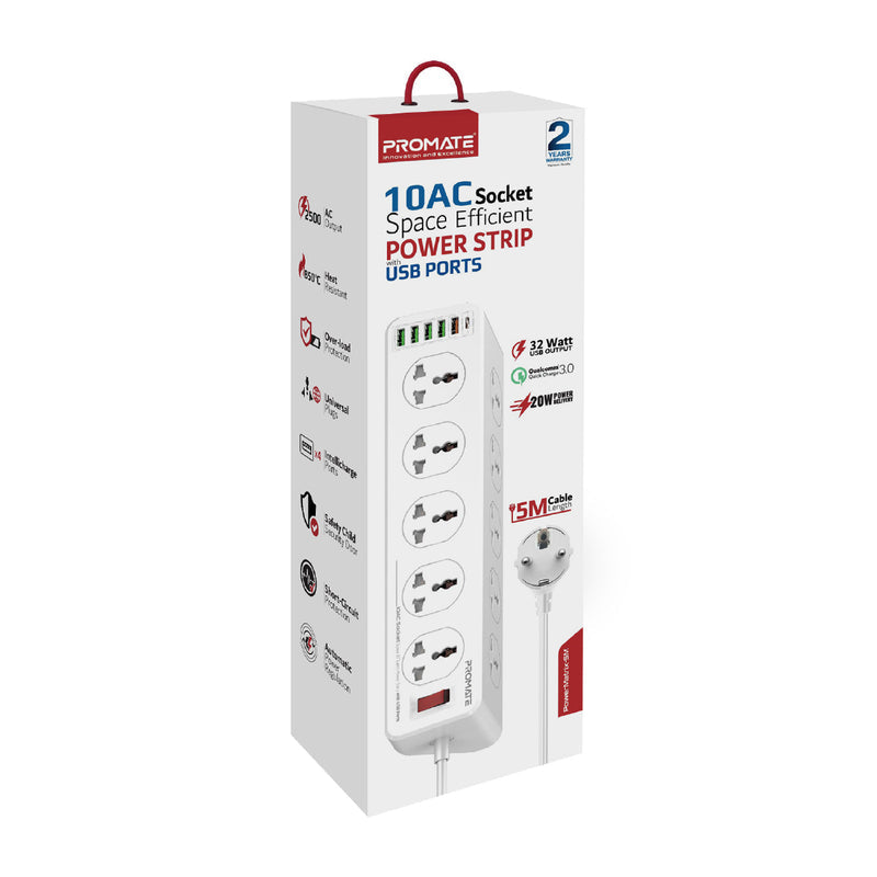 Promate 10AC Socket Space Efficient Power Strip with USB Ports POWERMATRIX-3M.UK PRO-CH-POWERMATRIX-3M.UK