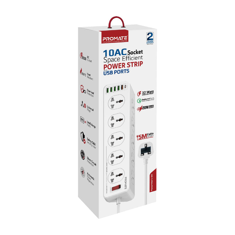 Promate 10AC Socket Space Efficient Power Strip with USB Ports POWERMATRIX-5M.UK PRO-CH-POWERMATRIX-5M.UK