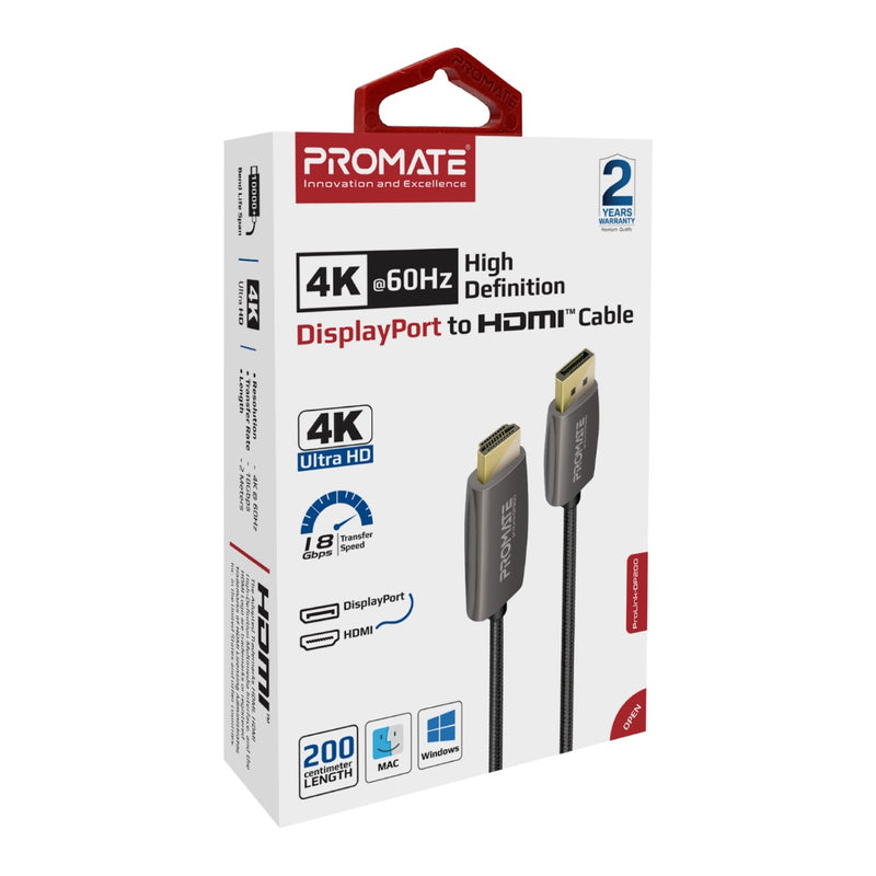 Promate 4K@60Hz High-Definition DisplayPort to HDMI Cable (ProLink-DP200) PRO-CABLE-ProLink-DP200