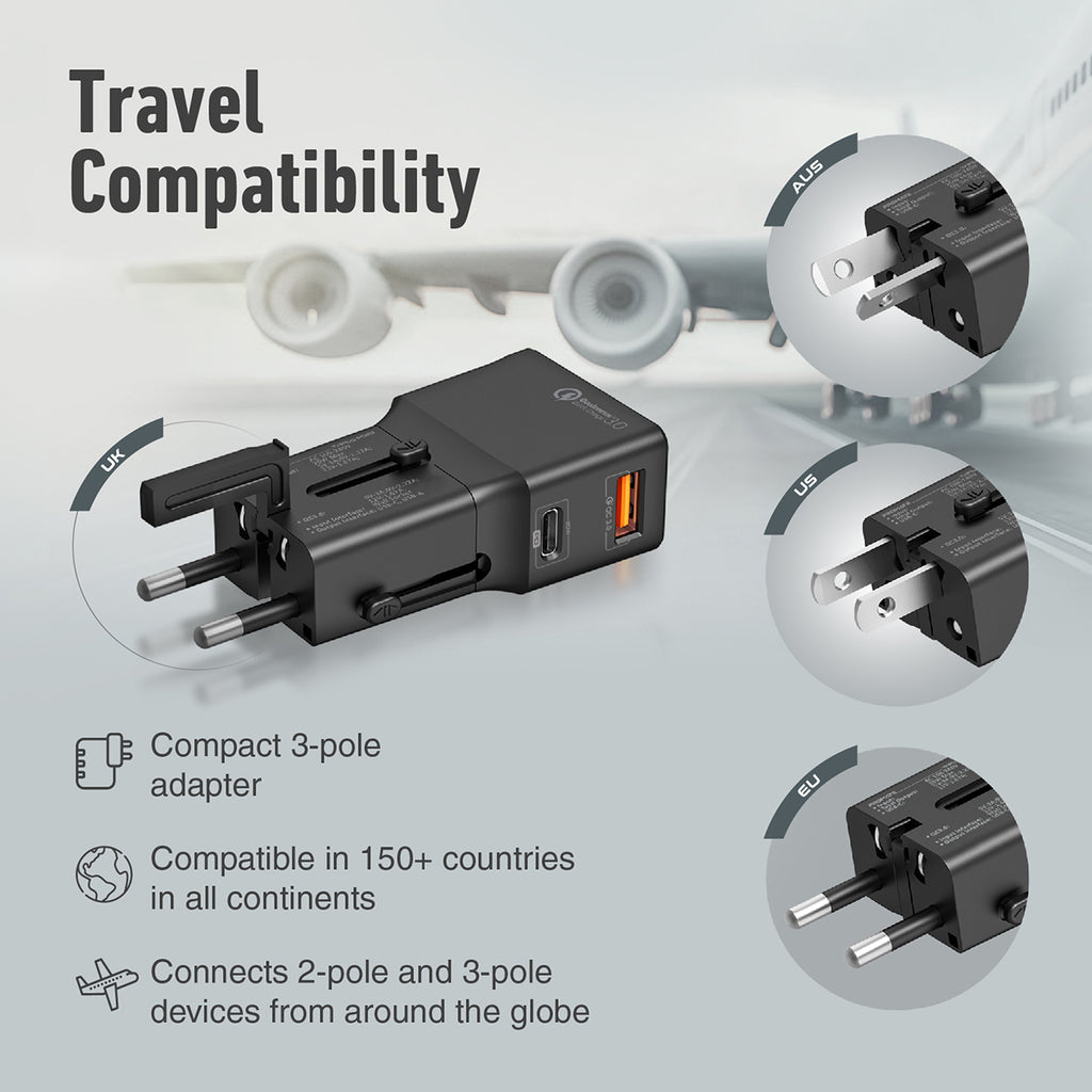 Promate Sleek Universal Travel Adapter with 20W Power Delivery & Quick Charge 3.0 (TriPlug-PD20.WHITE) PRO-CC-TriPlug-PD20.WHITE