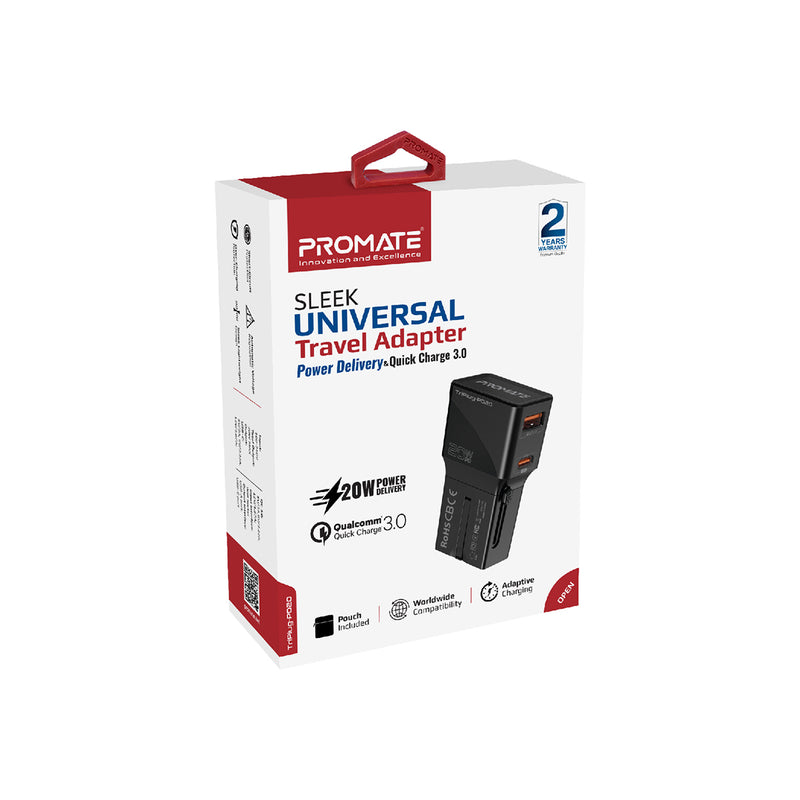 Promate Sleek Universal Travel Adapter with 20W Power Delivery & Quick Charge 3.0 (TriPlug-PD20.WHITE) PRO-CC-TriPlug-PD20.WHITE