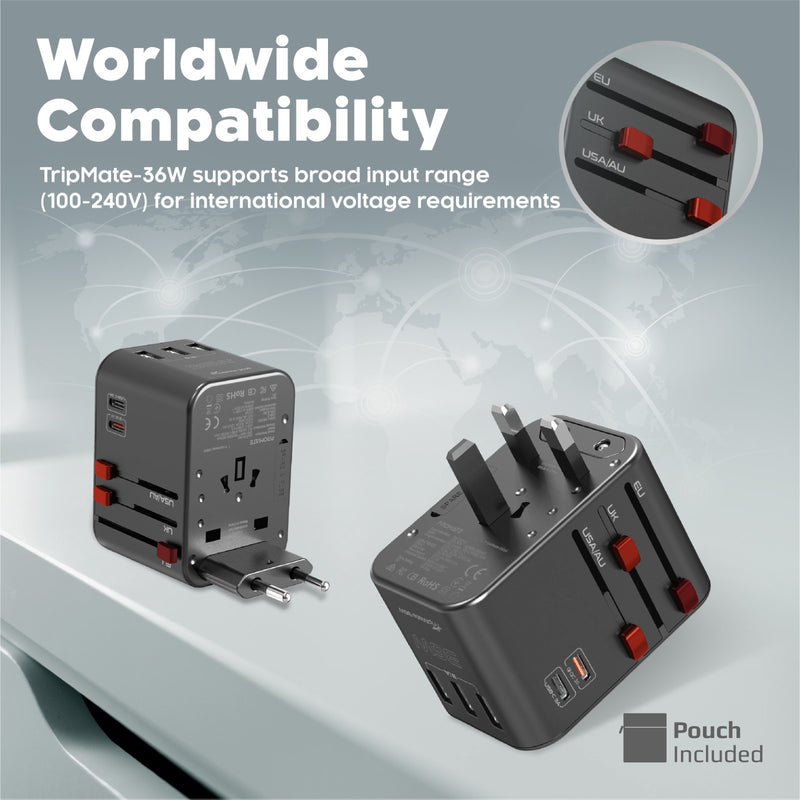 Promate Smart Charging Surge Protected Universal Travel Adapter (TripMate-36W) PRO-CH-TRIPMATE-36W