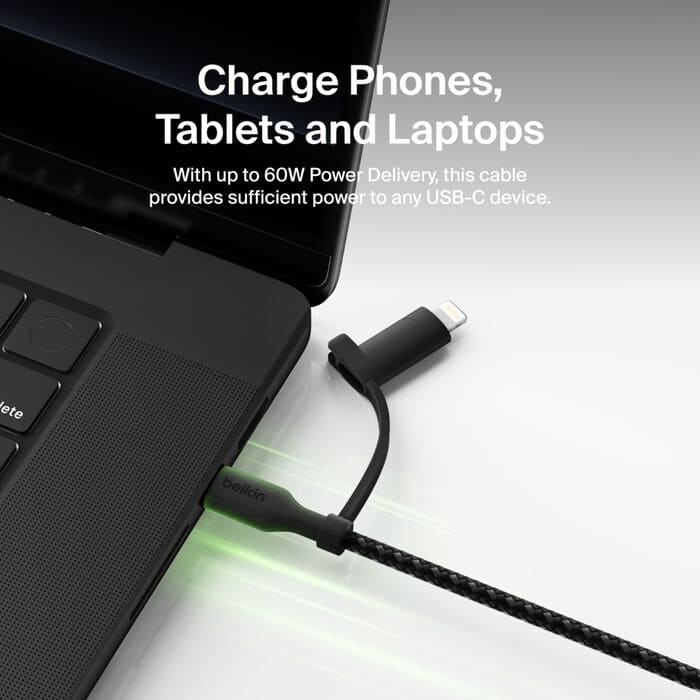 Belkin Booscharge 2in1 USB-C to USB-C Braided Cable with Lighting Adapter, 1.5M CAC003HQ1.5MWH