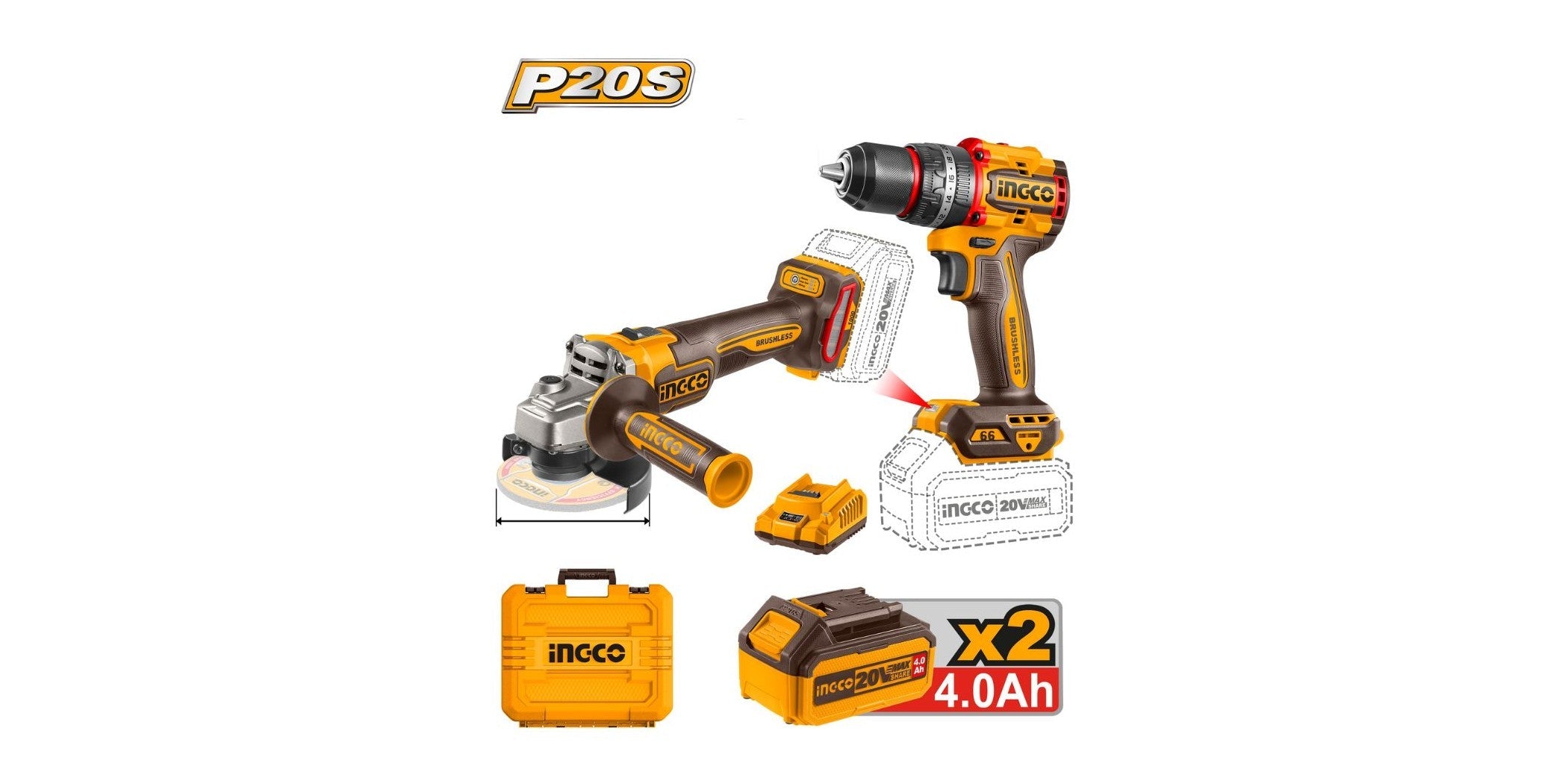 INGCO COMBO KIT 2 PCS IMPACT DRILL + ANGLE GRINDER   20V