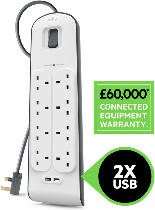 BELKIN 8-OUTLET SURGE PROTECTION STRIP WITH 2.4 AMP 2XUSB CHARGING BSV804AF2M