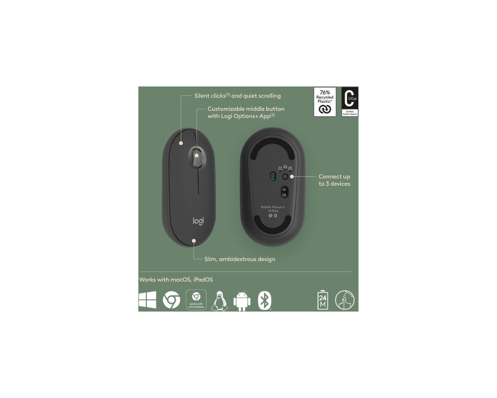 Logitech M350S Pebble 2 Bluetooth Mouse - Tonal Graphite - DONGLELESS