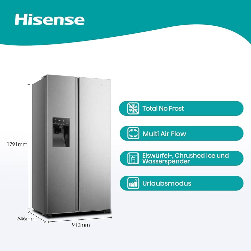 HISENSE REFRIGERATOR SIDE BY SIDE FROST FREE ENERGY CLASS E 499 L  INOX