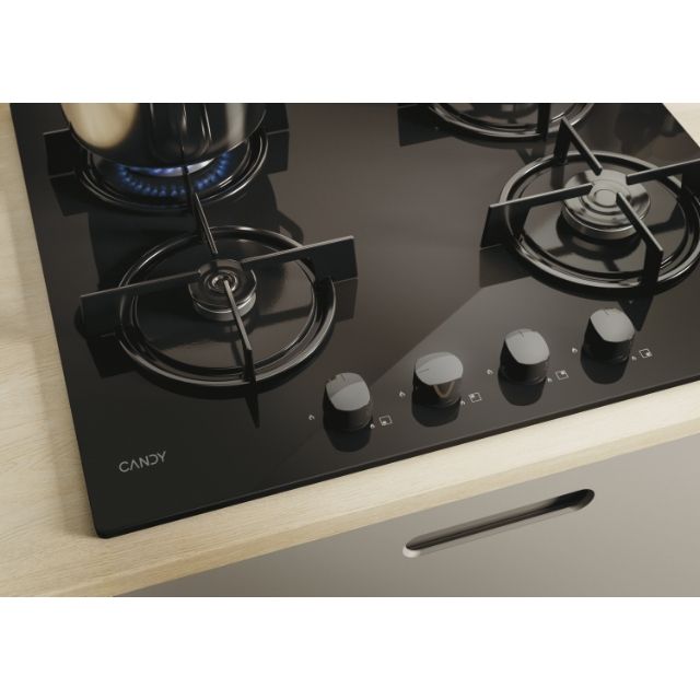Candy 60cm 4 Burner Gas Hob on Black Glass CVW6BB-MAR