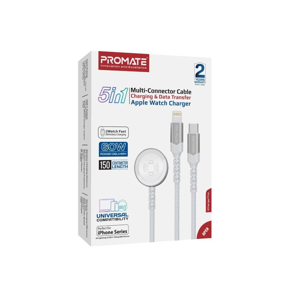 Promate 5-in-1 Multi-Connector Cable for Charging & Data Transfer with Apple Watch Charger ICHARGE-TRIO.WHITE PRO-CH-ICHARGE-TRIO.WHITE