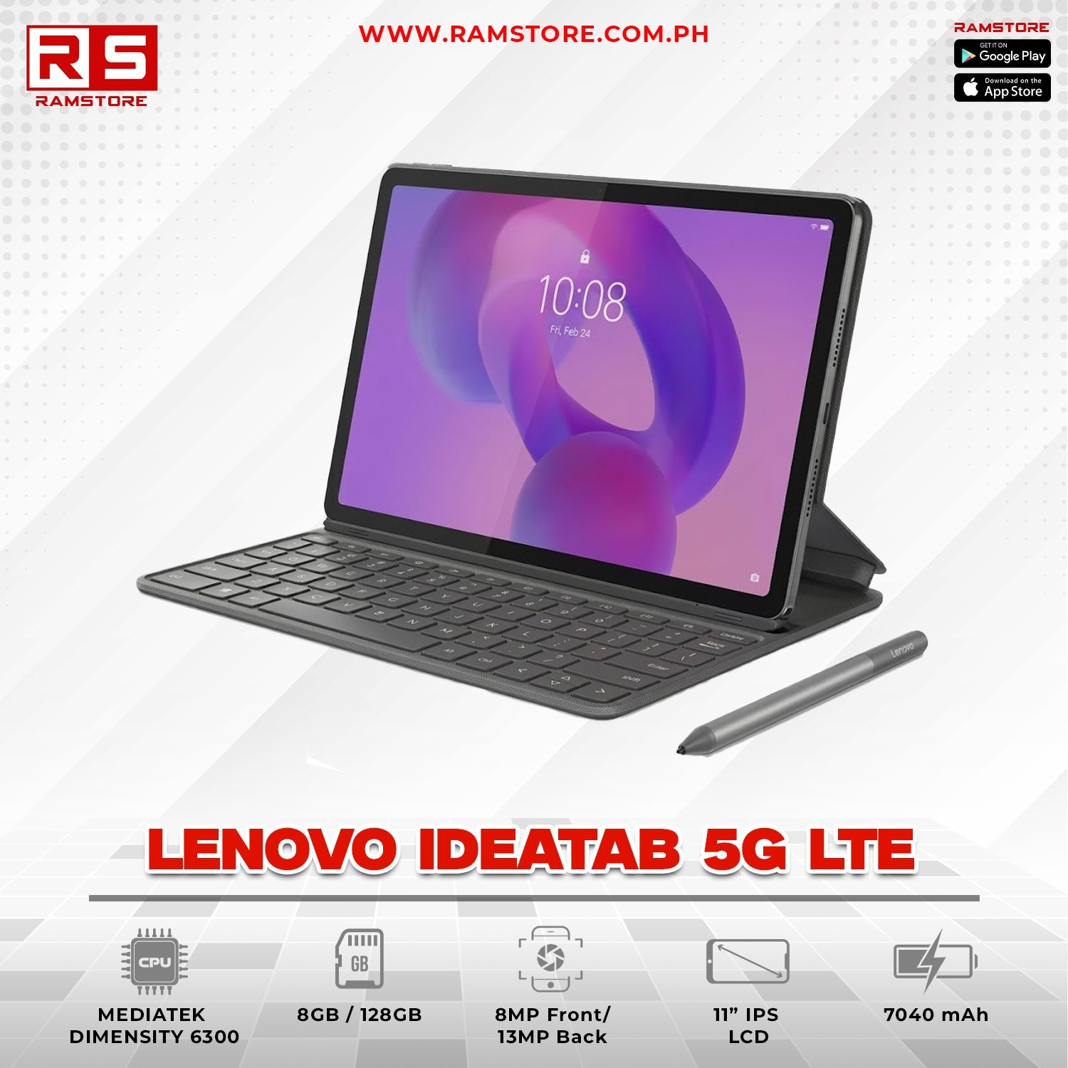 LPR Convertible Lenovo Ideatab 5G LTE - MediaTek Dimensity 6300 8GB 128GB (Luna Grey / w/ Folio Keyboard & Pen)