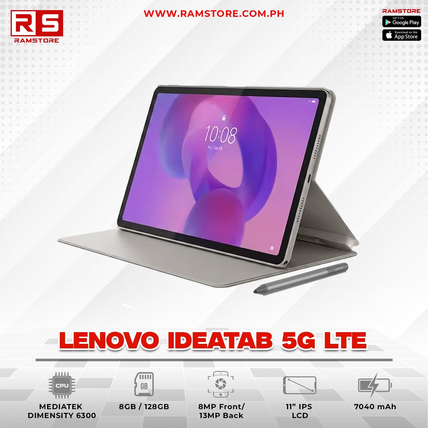 LPR Convertible Lenovo Ideatab 5G LTE - MediaTek Dimensity 6300 8GB 128GB (Luna Grey / w/ Folio Case & Pen)