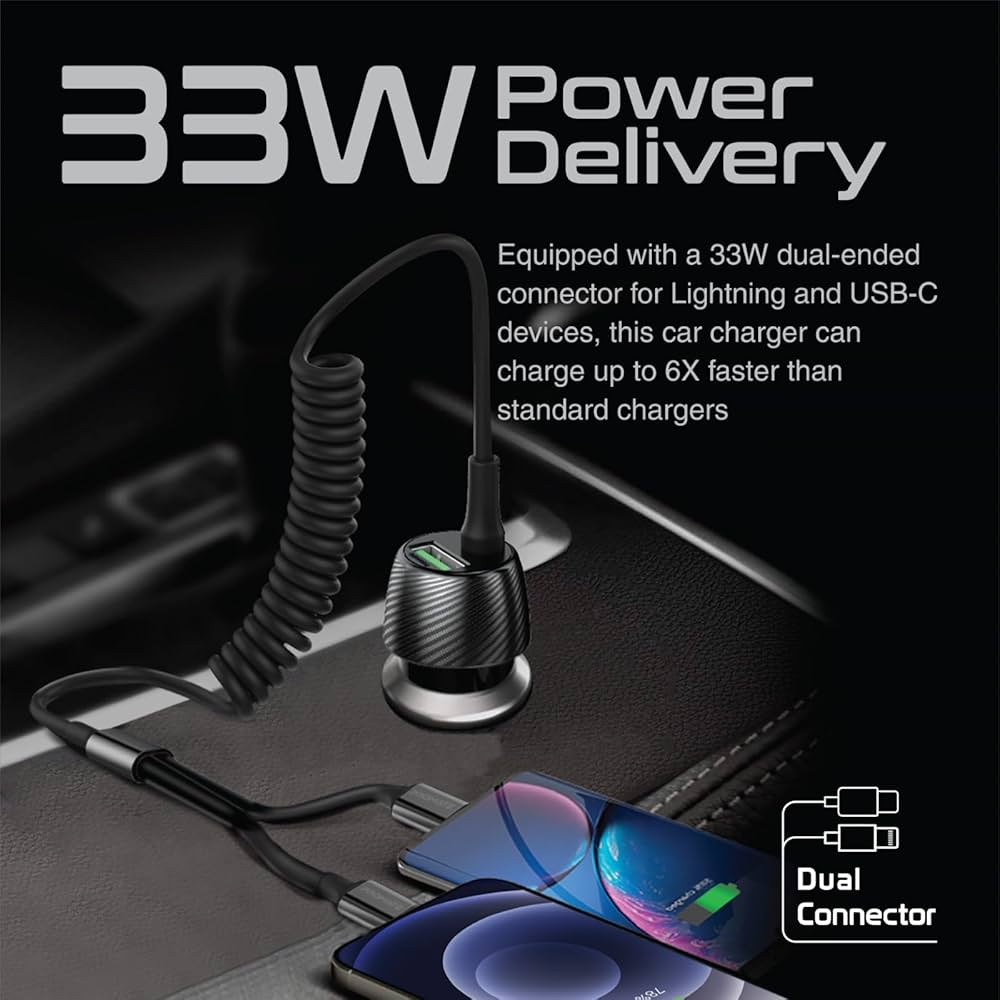 Promate 33W Car Charger with Lightning Connector & USB-C Cable (PowerDrive-33PDCI) PRO-CC-PowerDrive-33PDCI