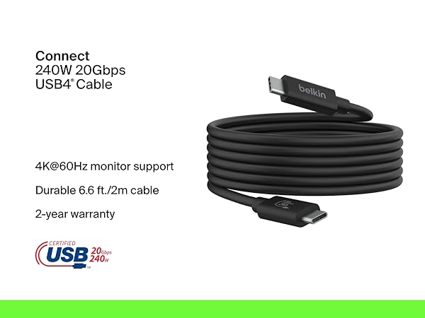 BELKIN USB4 CABLE, USB-C TO USB-C 240W 20GBPS 2M CABLE, 4K 60HZ RESOLUTION INZ004BT2MBK