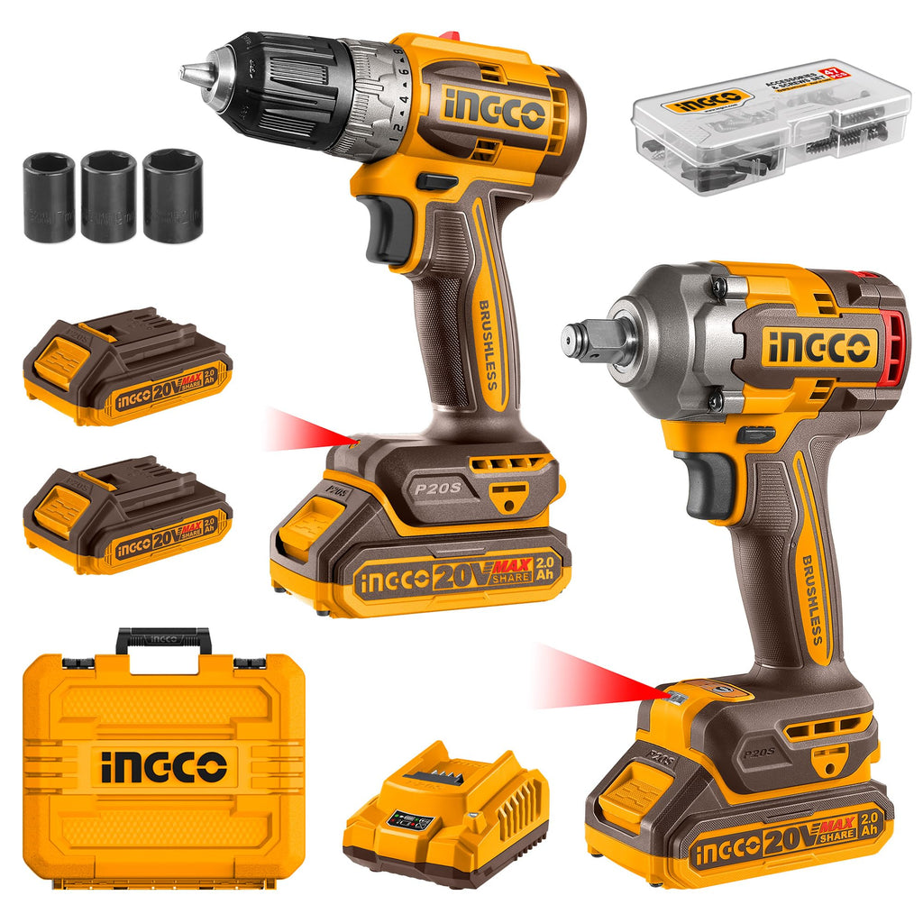 INGCO COMBO KIT 2 PCS DRILL + IMPACT WRENCH   20V