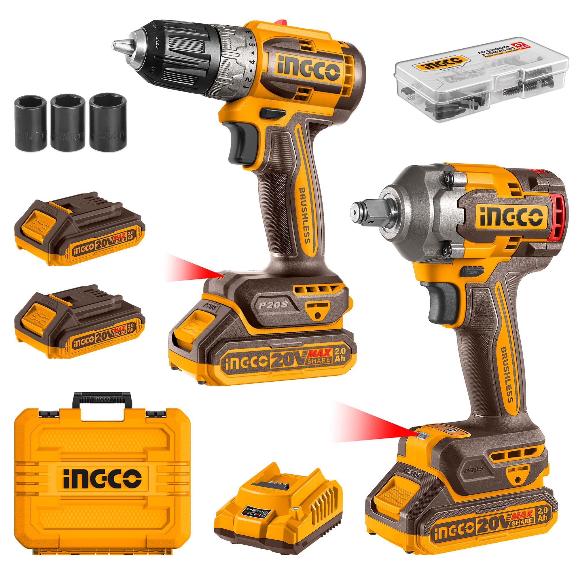 INGCO COMBO KIT 2 PCS DRILL + IMPACT WRENCH   20V