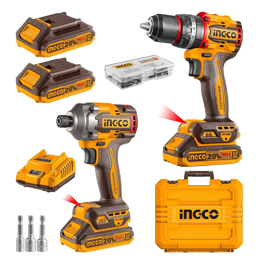 INGCO COMBO KIT 2 PCS IMPACT DRILL 66NM + IMPACT DRIVER  DRIVER 285NM  20V