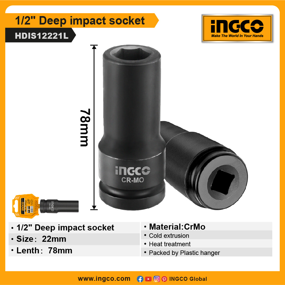 INGCO 1/2"DR. DEEP IMPACT SOCKET HDIS12222L