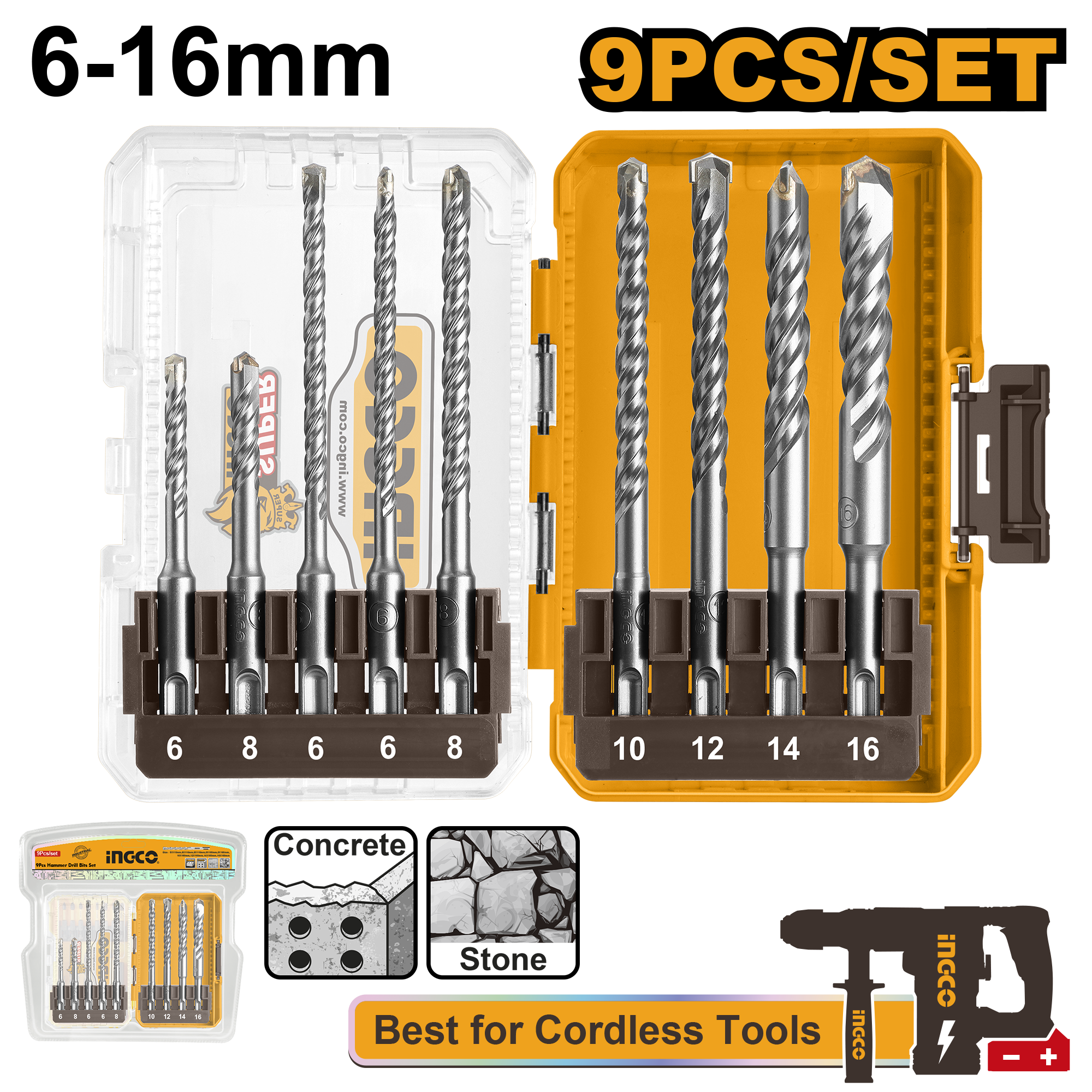 INGCO 9 PCS SDS PLUS HAMMER DRILL BITS SET AKDL30906