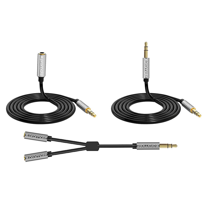 Promate AUXKIT.BLACK 3‐in‐1 Auxiliary cable kit with 3.5mm Audio Cable, Audio Cable Splitter and Audio Cable Extender PRO-CABLE-AUXKIT.BLACK
