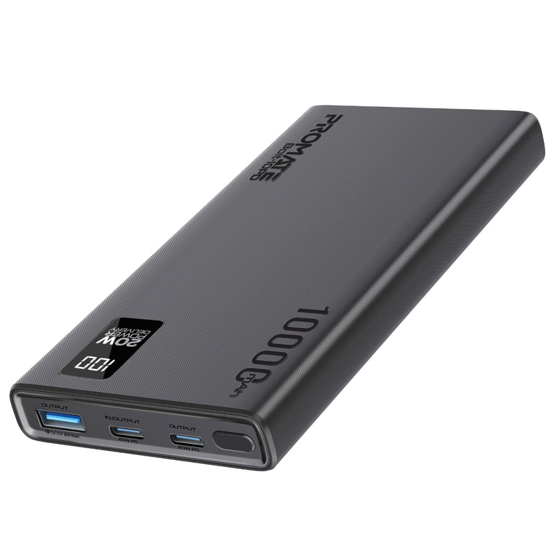 Promate Bolt-10PD.BLACK 10000mAh Compact Smart Charging Power Bank with 20W PD Dual USB-C and 22.5W USB-A Ports PRO-PB-Bolt-10PD.BLACK