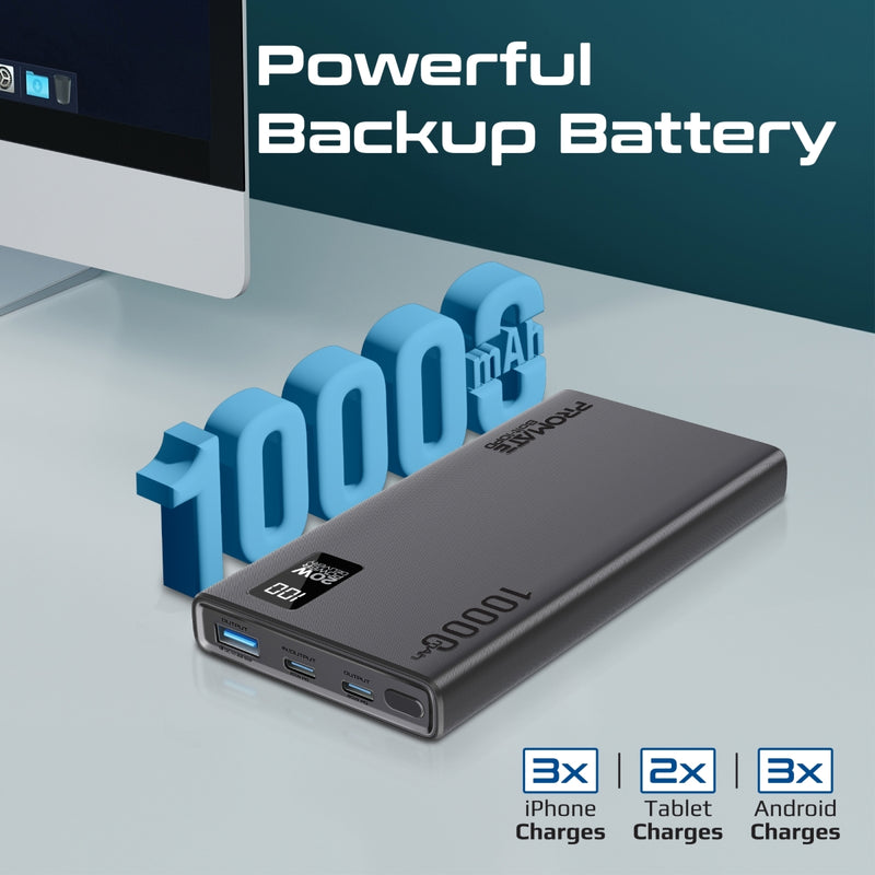 Promate Bolt-10PD.BLACK 10000mAh Compact Smart Charging Power Bank with 20W PD Dual USB-C and 22.5W USB-A Ports PRO-PB-Bolt-10PD.BLACK