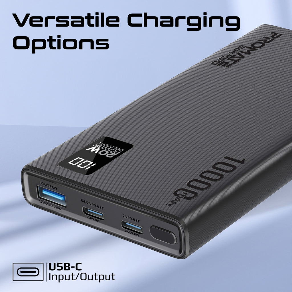 Promate Bolt-10PD.BLACK 10000mAh Compact Smart Charging Power Bank with 20W PD Dual USB-C and 22.5W USB-A Ports PRO-PB-Bolt-10PD.BLACK