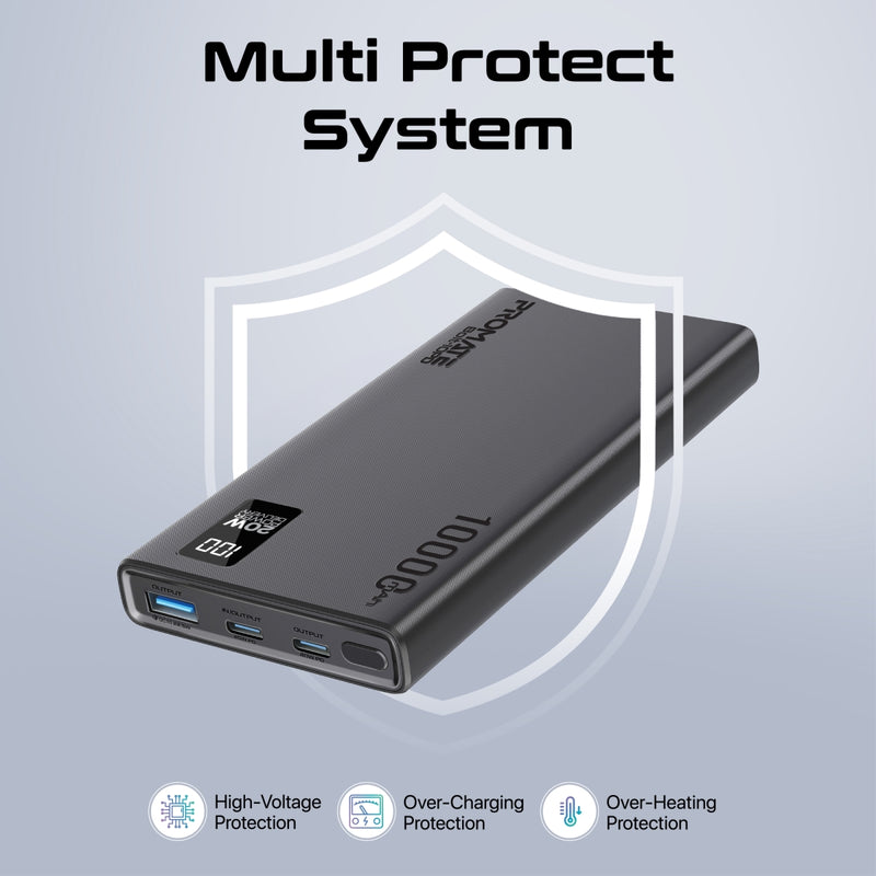 Promate Bolt-10PD.BLACK 10000mAh Compact Smart Charging Power Bank with 20W PD Dual USB-C and 22.5W USB-A Ports PRO-PB-Bolt-10PD.BLACK