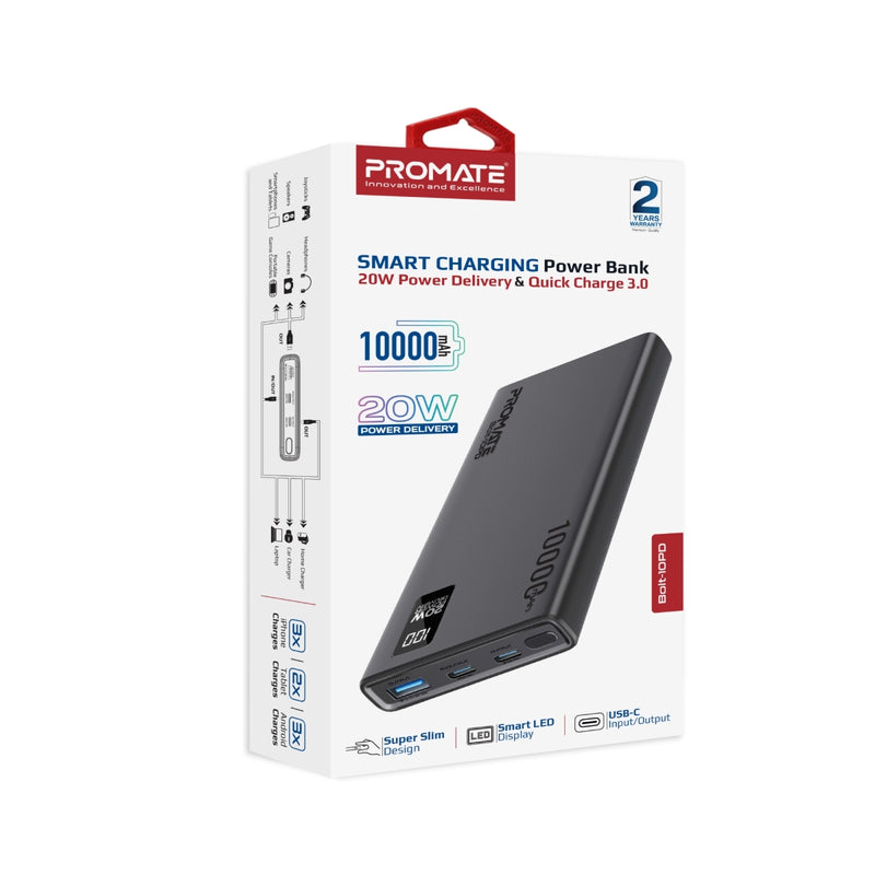Promate Bolt-10PD.BLACK 10000mAh Compact Smart Charging Power Bank with 20W PD Dual USB-C and 22.5W USB-A Ports PRO-PB-Bolt-10PD.BLACK